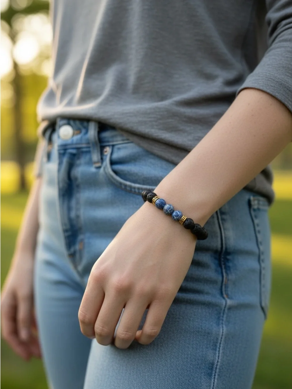 8/29 Beaded Lava Stone and Blue Gem Stretch Bracelet - Unbranded